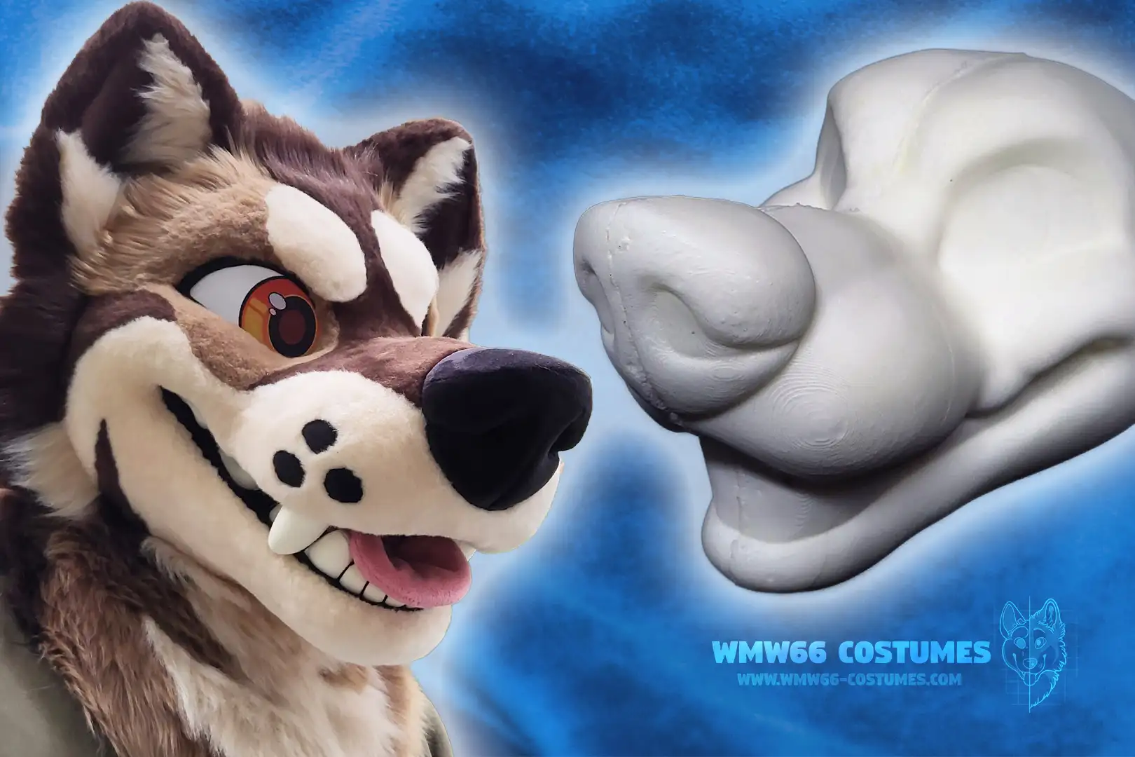 Grumpy Canine Fursuit base comparison next to Grumpy Canine Red fursuit made on base.